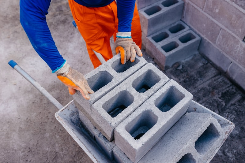 Concrete blocks and construction materials at building site