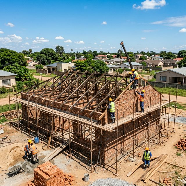 House under construction in Zambia with exposed brick walls and wooden roof trusses