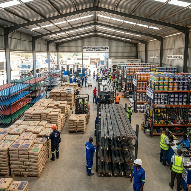 Inside a Zambian building materials warehouse with roofing sheets, cement, steel, and paint