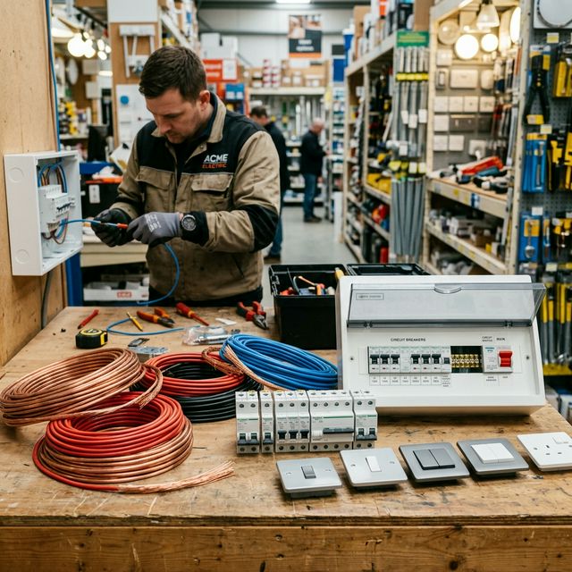 Electrical supplies including copper cables, circuit breakers, and distribution boards at a hardware store