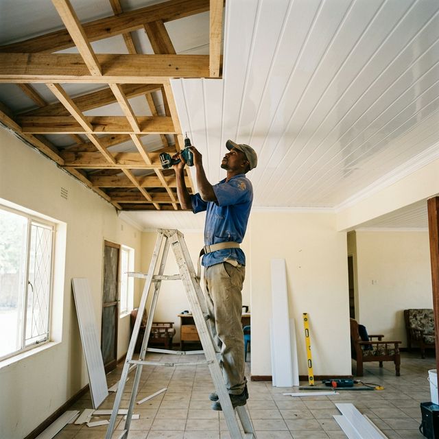 Carpenter installing white PVC ceiling panels on timber framework in a Zambian home