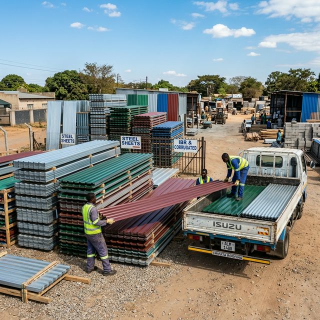 Stacked IBR and corrugated roofing sheets in various colors at a Zambian building yard