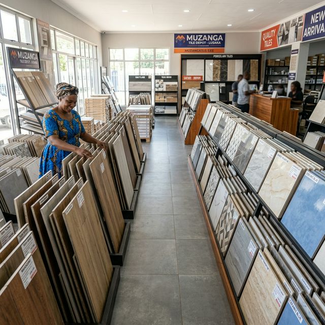 Floor tile samples displayed in a Zambian tile showroom with porcelain and ceramic options