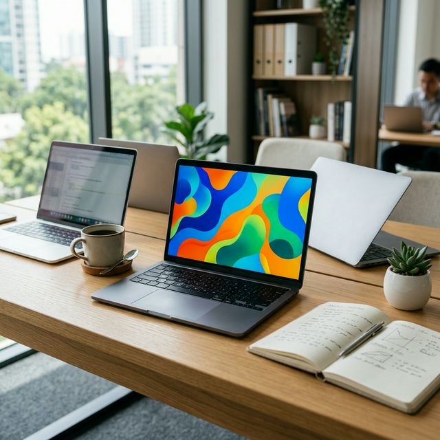 Multiple laptops on a modern workspace desk for comparison