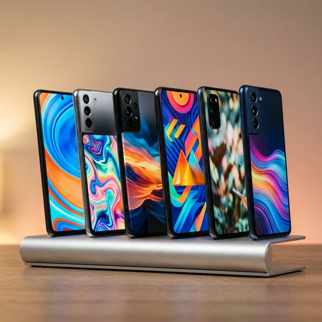 Mid-range smartphones displayed on a minimalist stand with warm lighting