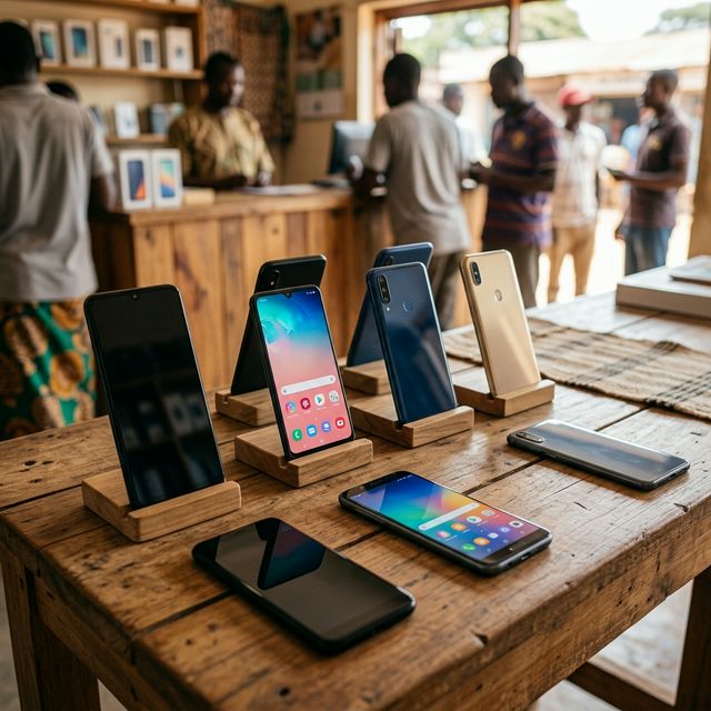 Smartphones displayed in a Zambian mobile phone shop for comparison