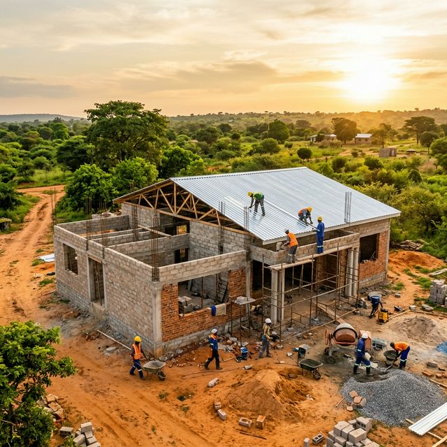 House under construction in Zambia with workers on site laying concrete blocks and roofing