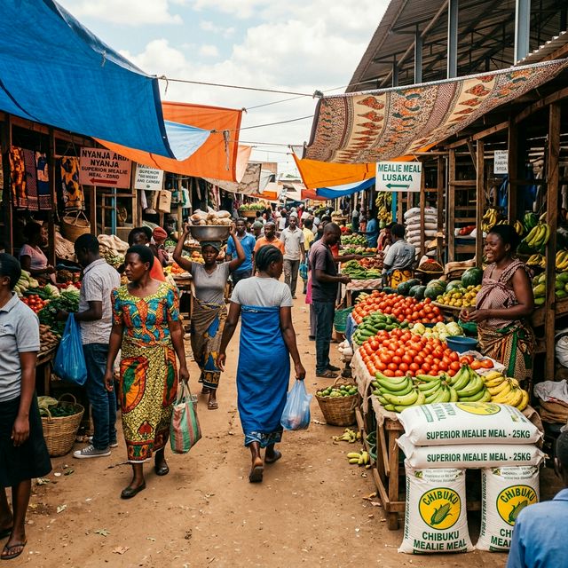 Bustling open-air market in Lusaka, Zambia with fresh produce stalls and shoppers