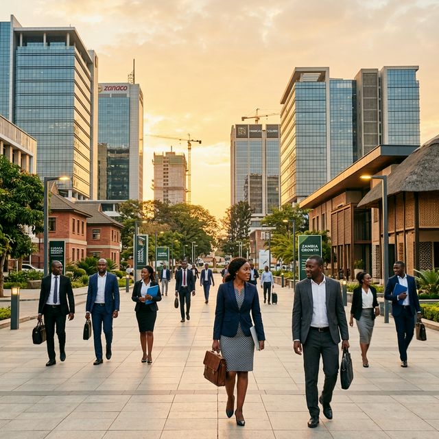 Professionals in business attire walking near modern office buildings in Lusaka, Zambia