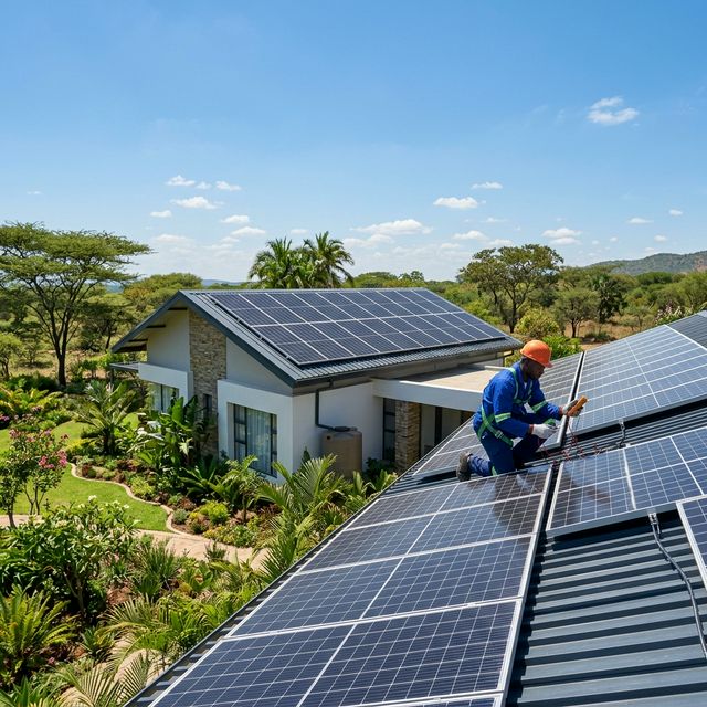 Solar panels installed on a modern house roof in Zambia with a technician performing maintenance
