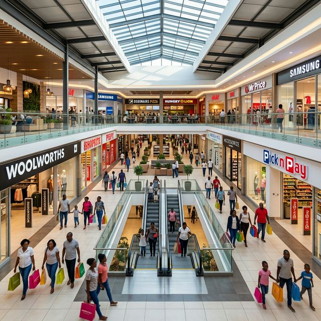 Modern shopping mall interior in Lusaka, Zambia with shoppers and storefronts